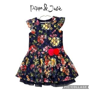 Pippa and Julie girls lace navy blue Floral formal Dress Size 6